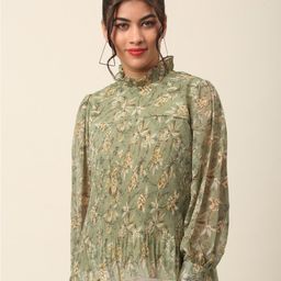 plusS Olive Green Floral Printed High Neck Cuffed Sleeves A-Line Top-image-33