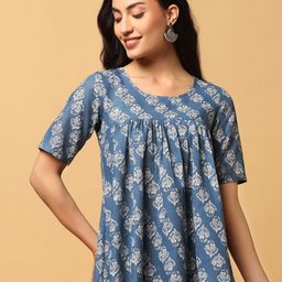 FASHION DREAM Floral Printed Round Neck Gathered Cotton A-Line Top-image-90