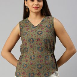 De Moza Floral Printed V-Neck Gathered Detailed Linen Top-image-73
