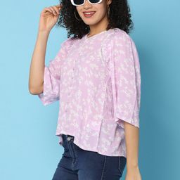V-Mart Floral Printed Puff Sleeves Schiffli Detail Top-44