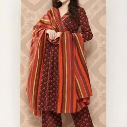 KALINI Floral Yoke Design Empire Sequinned Pure Cotton Kurta With Palazzos & Dupatta-picture-21