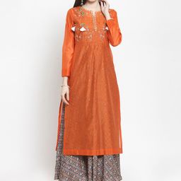 KALINI Embroidered Straight Long Kurta With Printed Inner-image-2