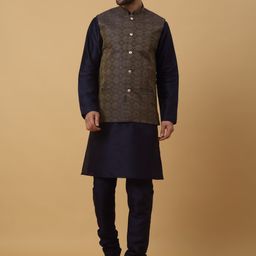 KRAFT INDIA Mandarin Collar Straight Kurta & Churidar With Jacquard Nehru Jacket-image-41