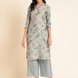 KALINI Floral Printed V-Neck Chanderi Silk Kurta-image-17
