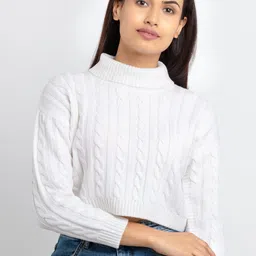 Status Quo Women White Cable Knit Pullover-image-53