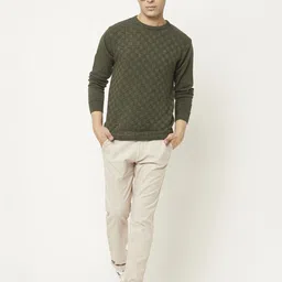 Crimsoune Club Men Army Green Self Design Cable Knit Pullover-image-66