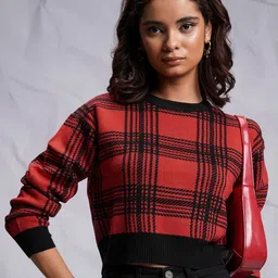 Tokyo Talkies Black & Red Checked Acrylic Crop Pullover-image-35