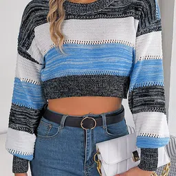 StyleCast Blue Colourblocked Acrylic Crop Pullover Sweater-45
