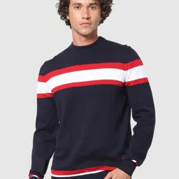 Celio Men Navy Blue & White Striped Cotton Pullover-image-39
