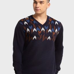 ColorPlus Men Navy Blue & White Self Design Pullover-image-40