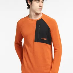 Jack & Jones Men Orange & Blue Colourblocked Pullover with Zip Detail-image-42
