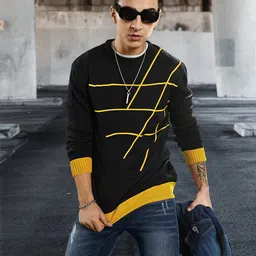 Roadster Men Navy Blue & Mustard Yellow Self-Design Pullover-picture-11