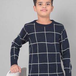 Crimsoune Club Boys Navy Blue Checked Long Sleeves Pullover-picture-16