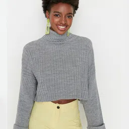 Trendyol Women Grey Ribbed Cotton Crop Pullover-picture-17