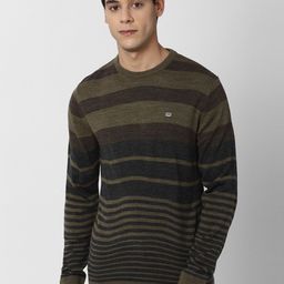 Peter England Casuals Men Olive Green & Black Striped Pullover-picture-3