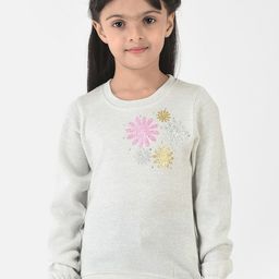 Crimsoune Club Girls Off White & Silver Floral Printed Pullover-image-12
