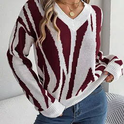 StyleCast Maroon Abstract Printed V-Neck Long Sleeves Acrylic Pullover Sweater-29