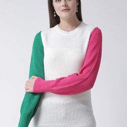 Club York Women White Green Colourblocked Pullover Acrylic Sweater-image-73
