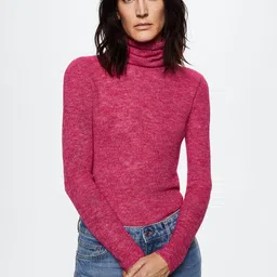 MANGO Women Pink Solid Knitted Turtle Neck Pullover-image-35