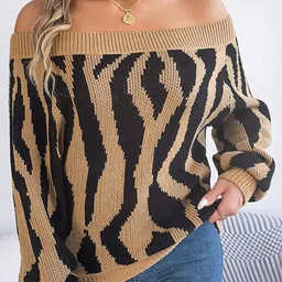 StyleCast Khaki & Black Animal Printed Off-Shoulder Acrylic Pullover Sweater-21