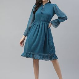 plusS Teal Blue Tie-Up Neck A-Line Dress-picture-43