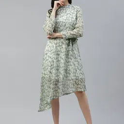 plusS Off White & Green Floral Printed A-Line Midi Dress-image-99