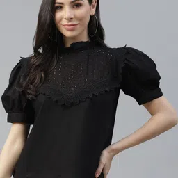 plusS Black Floral Embroidered Puff Sleeve Schiffli Regular Top-picture-24