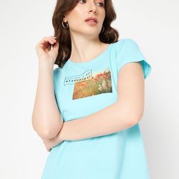 Mast & Harbour Blue & Green Typography Printed Pure Cotton T-shirt-image-41