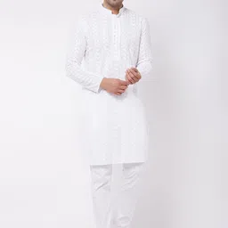 VASTRAMAY Men White Floral Embroidered Angrakha Chikankari Pure Cotton Kurta with Pyjamas-picture-23