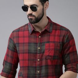 BEAT LONDON by PEPE JEANS Men Red Slim Fit Tartan Checks Opaque Pure Cotton Casual Shirt-image-85
