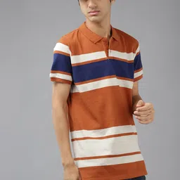 UTH by Roadster Boys Rust Orange & Off White Striped Polo Collar Pure Cotton T-shirt-image-84