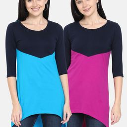 Fleximaa Women Turquoise Blue & Magenta Set Of 2 Colourblocked Pure Cotton High-Low Top-image-94