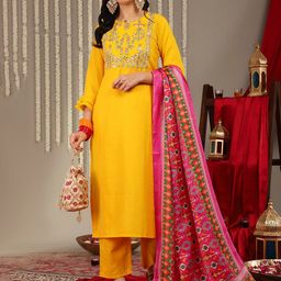 Varanga Ethnic Motif Yoke Design Gotta Patti Cotton Kurta With Trousers & Dupatta-image-61