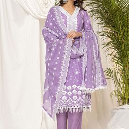 Indo Era Women Ethnic Motifs Embroidered Regular Thread Work Pure Cotton Kurta with Trousers & With Dupatta-image-86