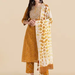 KALINI Mustard Floral Print Thread Work Pure Cotton Kurta with Trousers & Dupatta-53