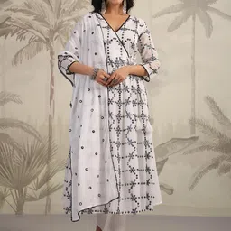 SCAKHI Embroidered Mirror Work Mulmul Cotton Angrakha Kurta With Trousers & Dupatta-picture-44