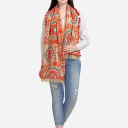 MESMORA FASHION Beige & Peach-Coloured Embroidered Woollen Muffler-4