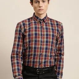 SOJANYA Men Rust Orange & Navy Blue Classic Regular Fit Checked Pure Cotton Formal Shirt-picture-27