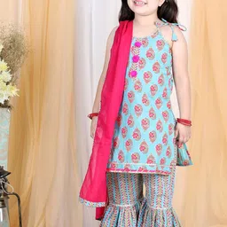 LIL PITAARA Girls Blue Ethnic Motifs Embroidered Gotta Patti Pure Cotton Kurti with Sharara & With Dupatta-image-89