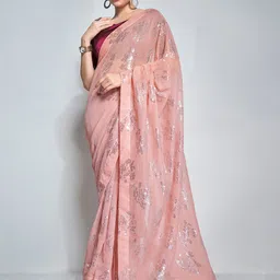 Mitera Peach & Silver-Toned Floral Embellished Sequinned Pure Georgette Designer Saree-8