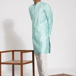 VASTRAMAY Embroidered Thread Work Mandarin Collar Silk Blend Straight Kurta with Pyjamas-image-95