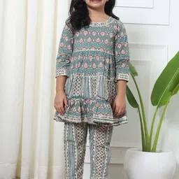 Readiprint Fashions Girls Floral Printed Tiered Gotta Patti Cotton Kurti With Trousers-image-29