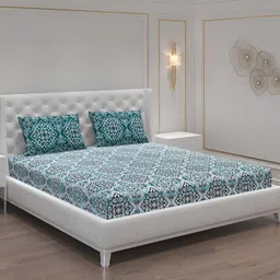 Moca By Monte Carlo Turquoise Blue & White 104 TC 2 Queen Bedsheet with 4 Pillow Covers-image-67