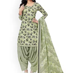 MIRAAN Round Neck Floral Printed Pure Cotton Straight Kurta with Patiala & Dupatta-image-93