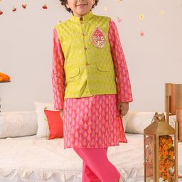 pspeaches Boys Ethnic Motifs Printed Pure Cotton Kurta With Pyjamas And Nehru Jacket-43
