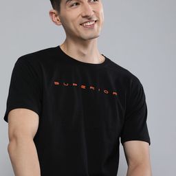 HERE&NOW Men Black & Orange Typography Printed Slim Fit Pure Cotton Casual T-shirt-image-69