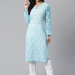 ADA Women Blue & White Chikankari Embroidered Sustainable Kurta with Palazzos-picture-21