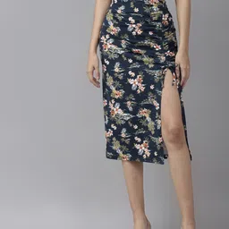 KASSUALLY Women Navy Blue & Pink Printed Midi Skirt-image-29