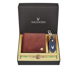 WildHorn Brown Leather Wallet and Blue Keychain with Rakhi Combo Gift Set-image-86