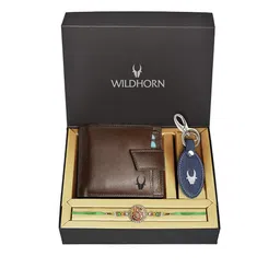 WildHorn Brown Leather Wallet and Blue Keychain with Rakhi Combo Gift Set-image-84